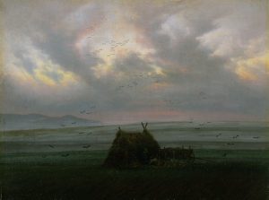 Gemälde. Ein Mann sitzt alleine mit seinem Karren unter einer kleinen Strohhütte von Nebel und Vögeln umgeben auf einem Feld