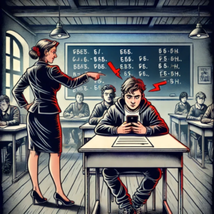 Lukas sitzt in der Schule und starrt auf sein Handy
